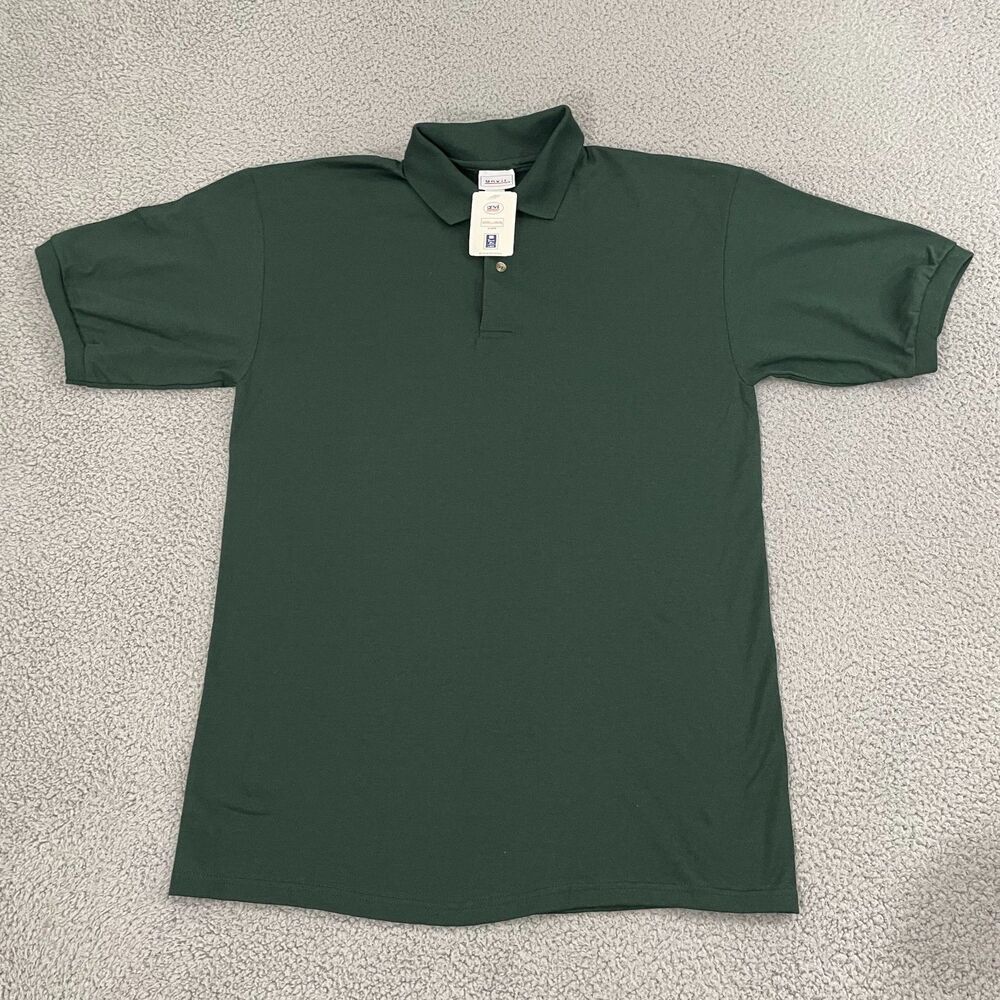 NWT Vtg Anvil Polo Shirt Men L Green Collar Short Sleeve Blank‎ Preppy Uniform